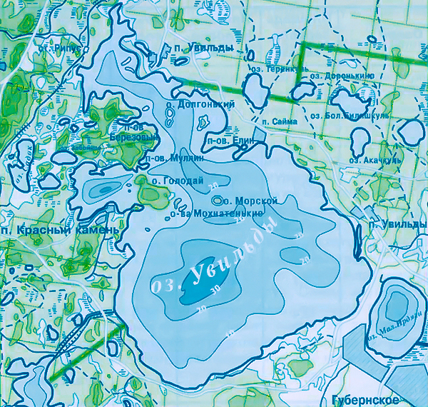 Карта глубин озера Увильды